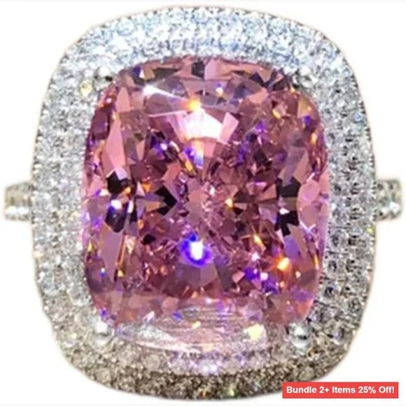 18K Gold Plated Princess Cut Pink Crystal Silver Ring Size 6-10 - Picture 1 of 2